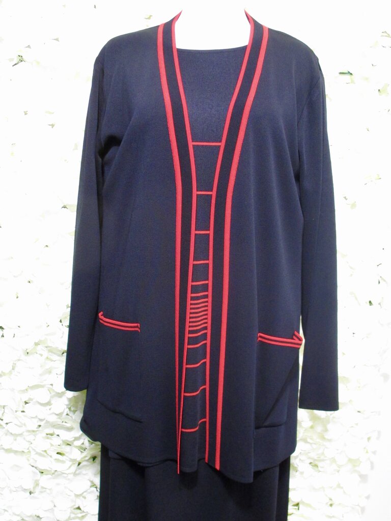 L black knit open-front cardigan w/ red trim