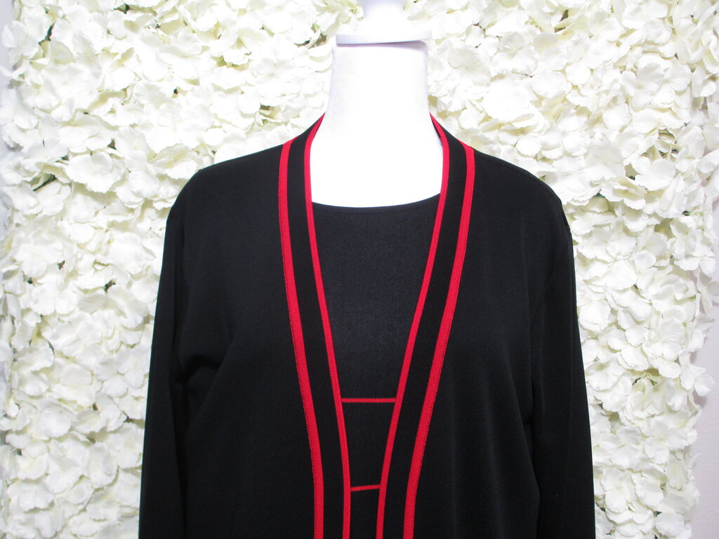 L black knit open-front cardigan w/ red trim