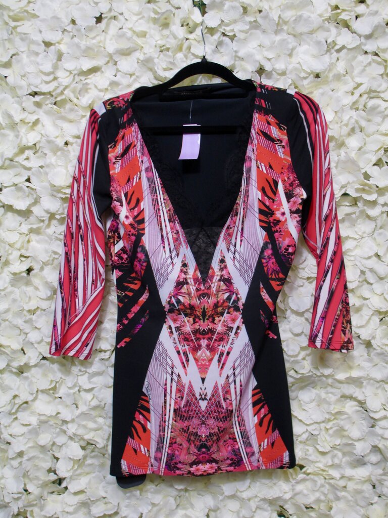 L red multi long sleeve blouse black lace