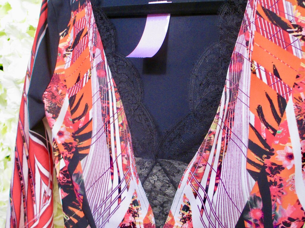 L red multi long sleeve blouse black lace