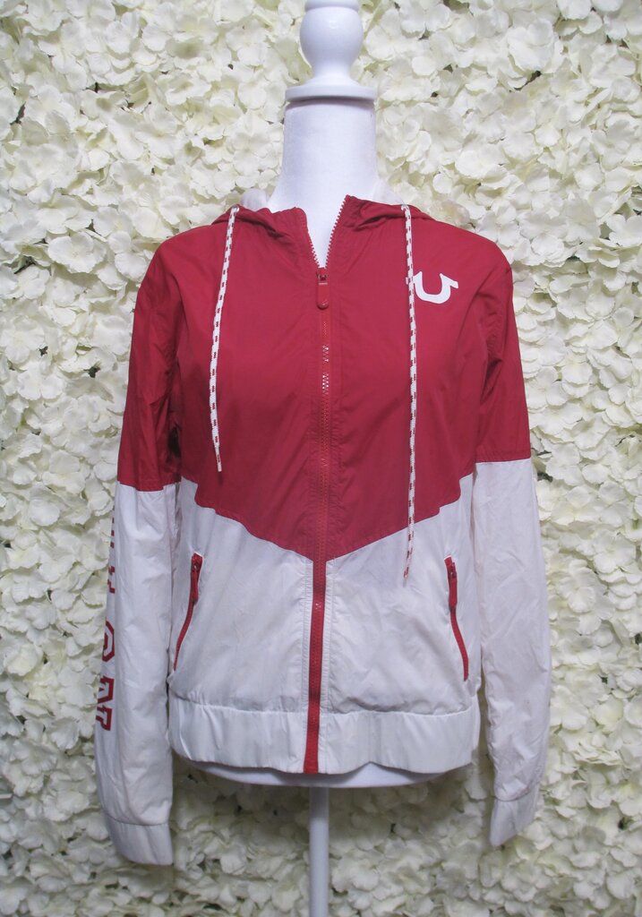 m red/white windbreaker w/ hood