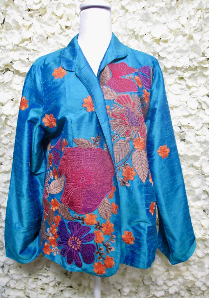 L satin blue jacket w/ orange/pink floral