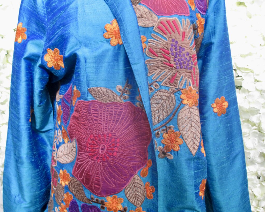 L satin blue jacket w/ orange/pink floral