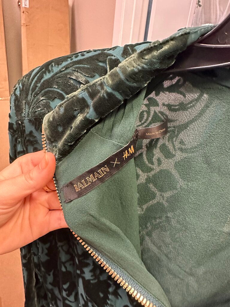 Balmain x H&M Green Velvet Monk Neck Mini Dress Limited Edition Size 8