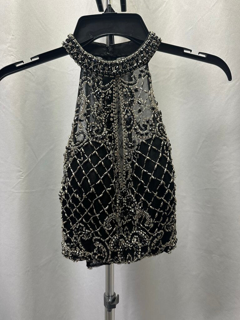 Rachel Allan Short Black and Silver Embellished Mini Skirt and Halter Set Size 6