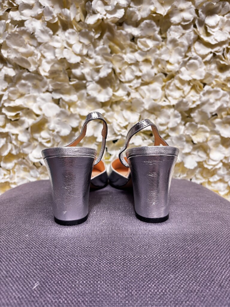 9.5 metallic silver black tip sling back heels