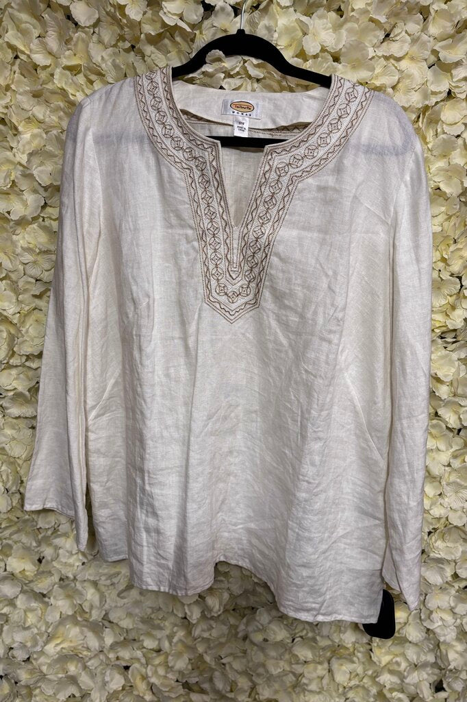 white tunic gold embroidered neckline vneck
