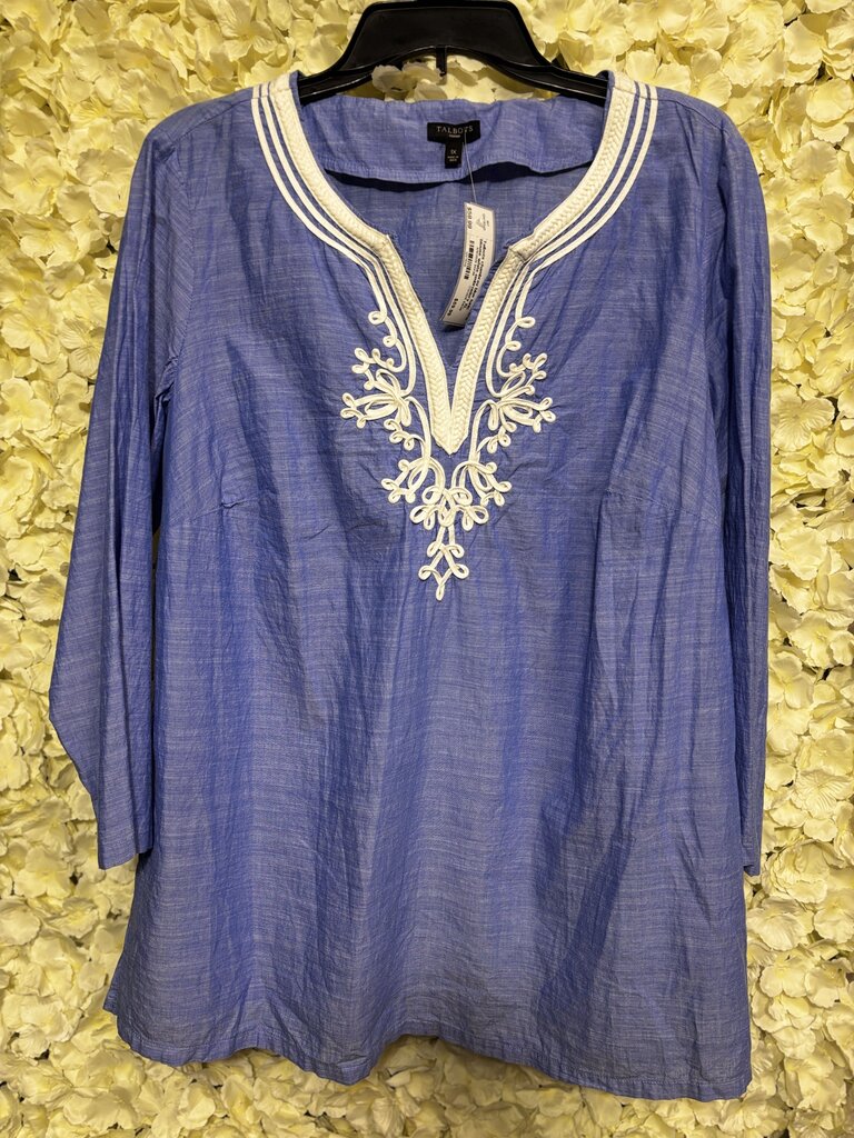 chambray blue tunic blouse white embroidery