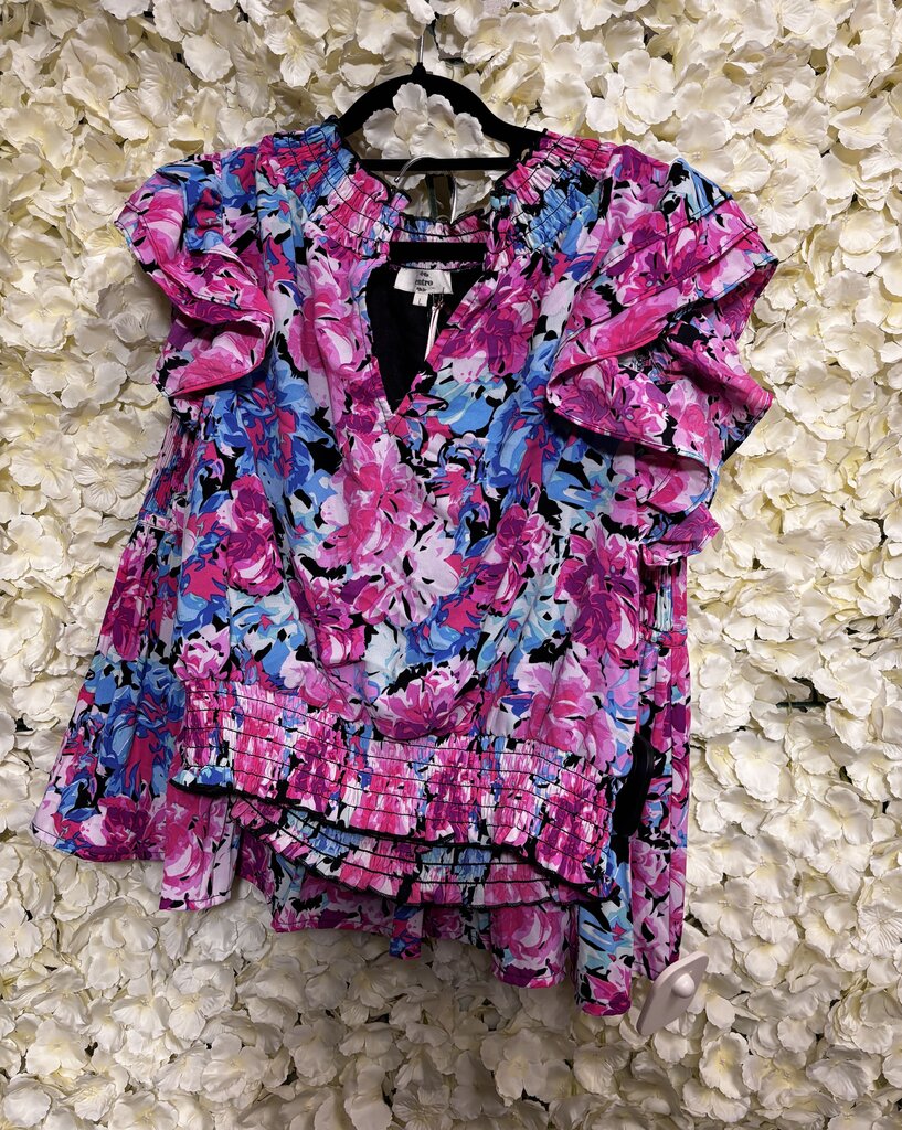 pink blue floral blouse
