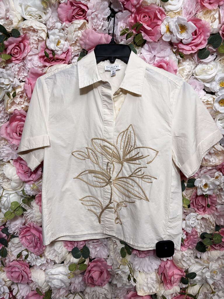 cream button up brown embroidered short sleeve top