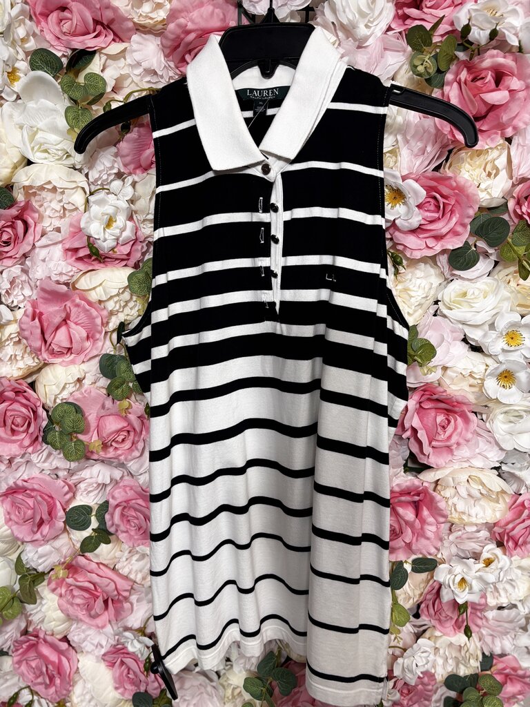 black white stripe sleeveless quarter button top