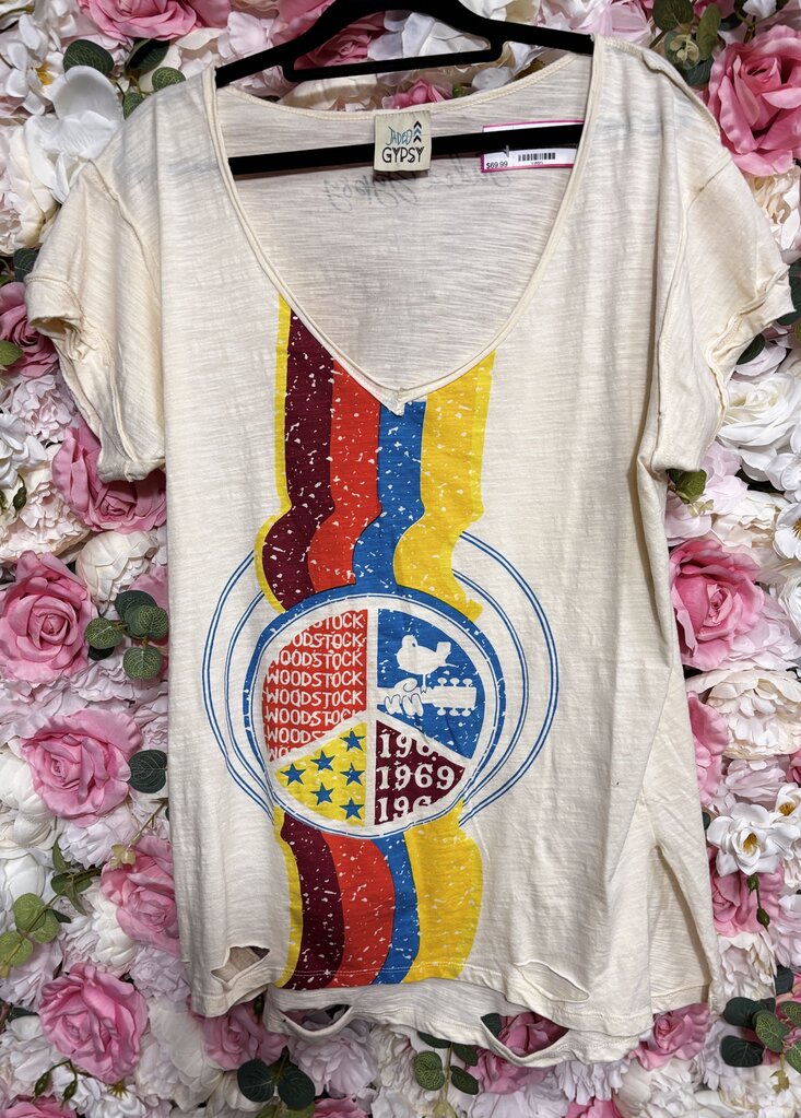 cream distressed Woodstock graphic tee