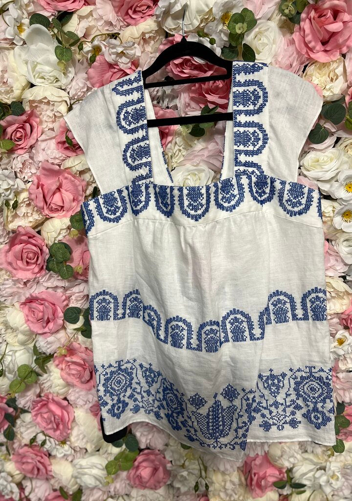 white blue embroidered greek tank top blouse