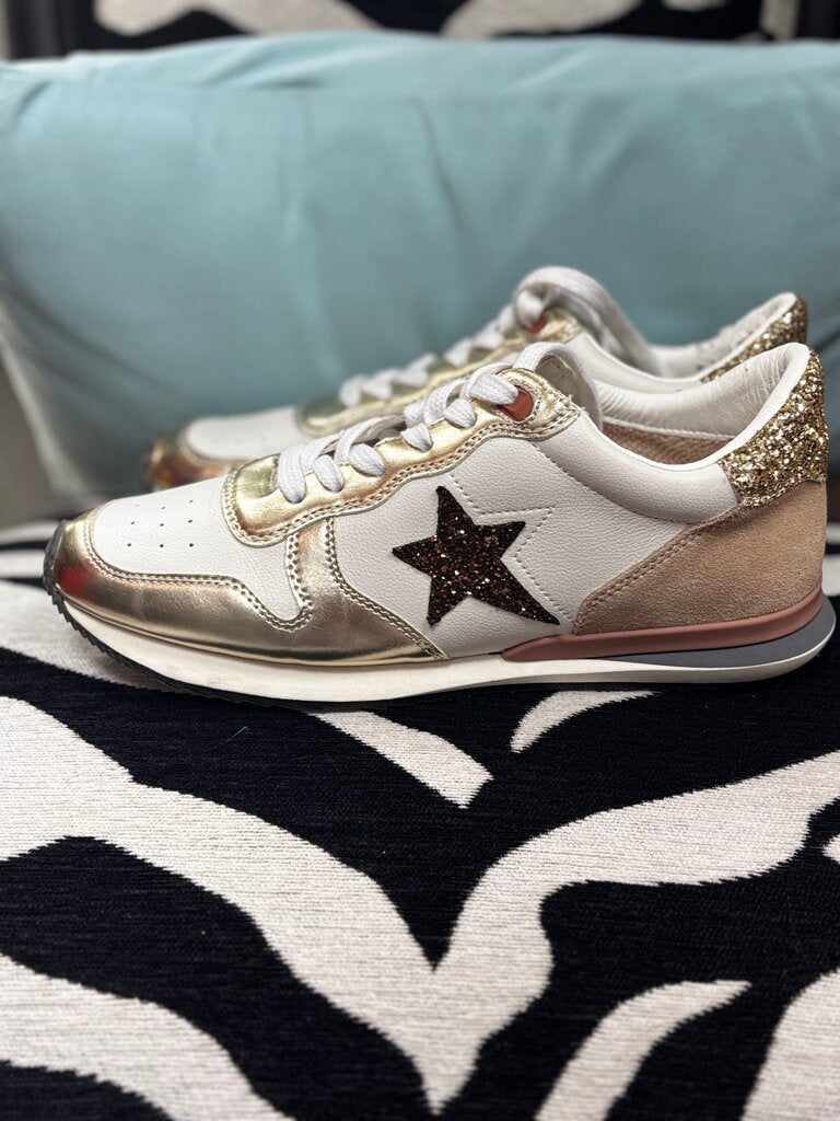 gold sneaker suede glitter heel