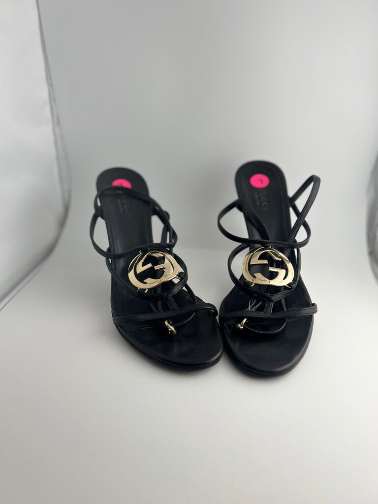 gucci black leather gold logo sandal heels