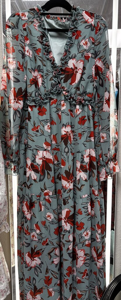 green ruffle long sleeve maxi dress orange floral