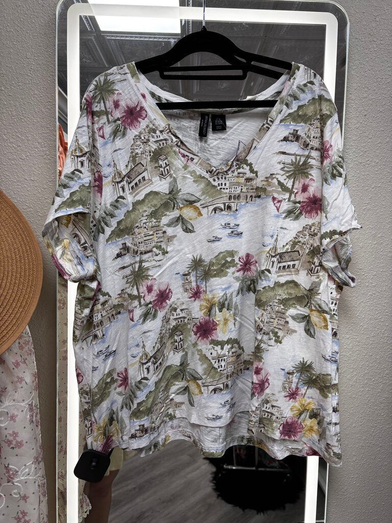 vneck tee white church graphic pink floral