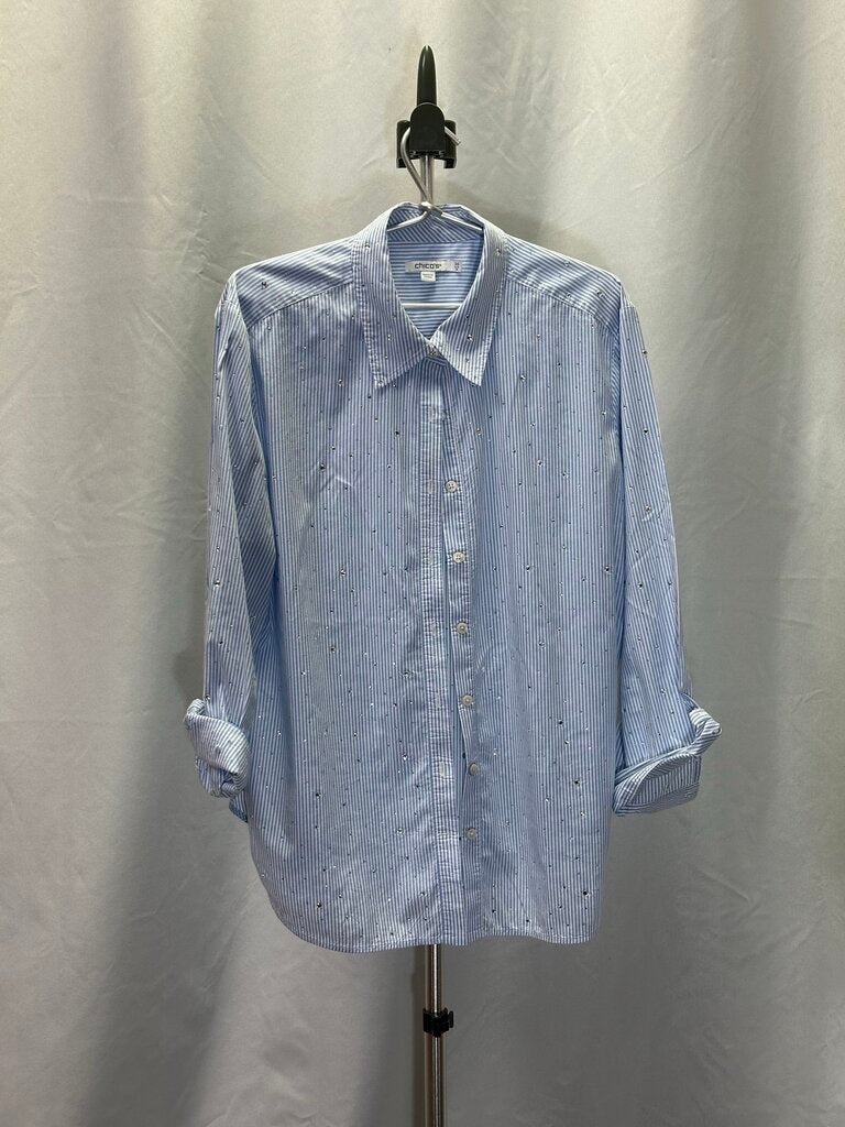 Chico's Long Sleeve Blue Pinstripe Sparkly Blouse 3-1/2