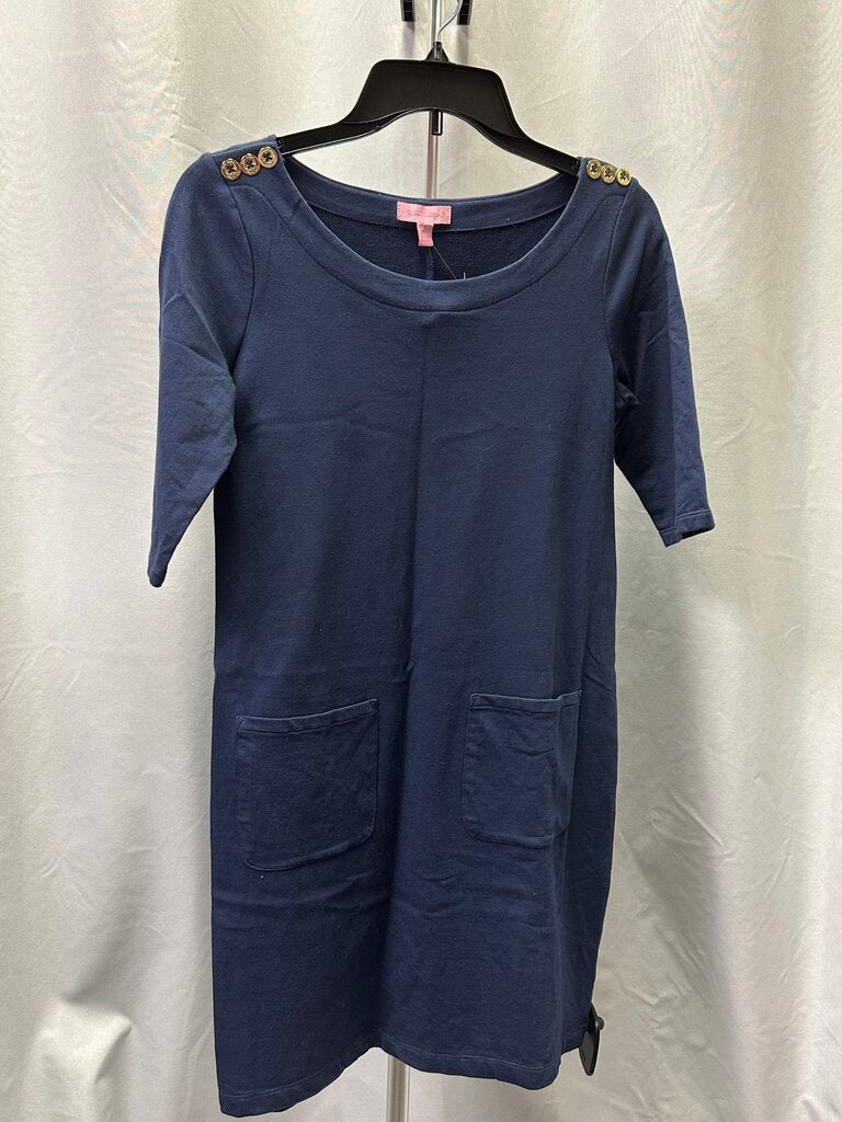 Navy blue 3/4 sleeve gold embellishment pocket dress