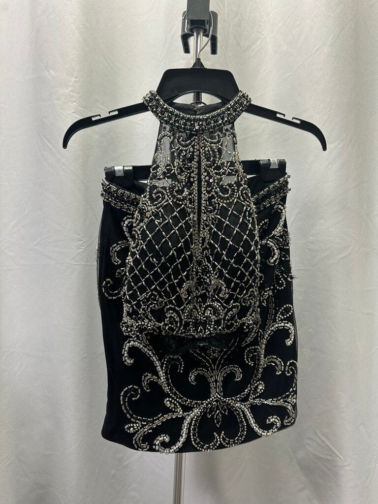 Rachel Allan Short Black and Silver Embellished Mini Skirt and Halter Set Size 6