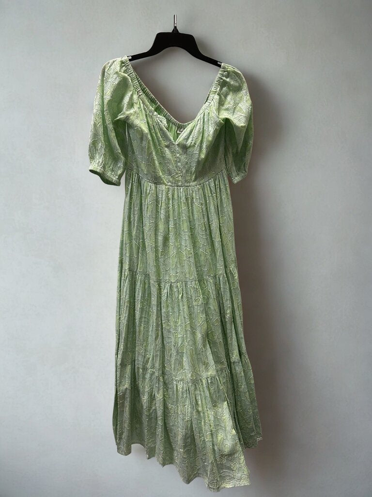 Roller Rabbit Clermont Sage Green Metallic Tiered Maxi Dress, Small