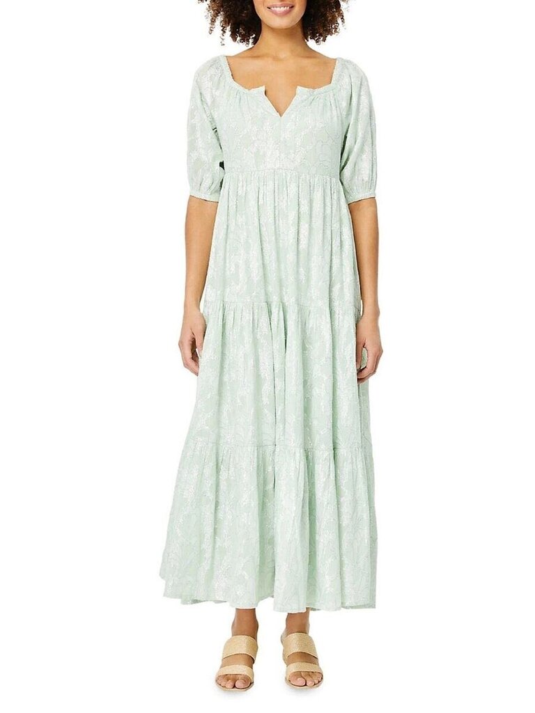 Roller Rabbit Clermont Sage Green Metallic Tiered Maxi Dress, Small