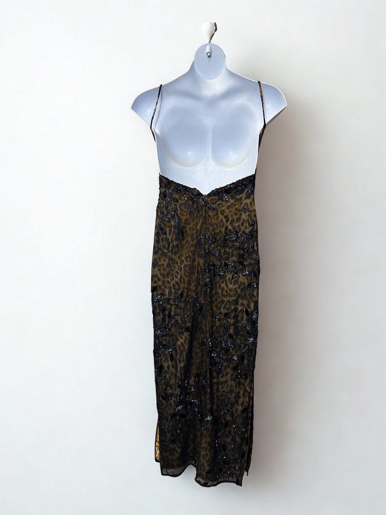 Je Matadi 90s Vintage Large Leopard with Black Sequin Overlay Formal Dress