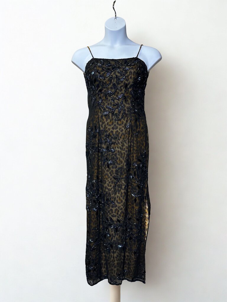 Je Matadi 90s Vintage Large Leopard with Black Sequin Overlay Formal Dress