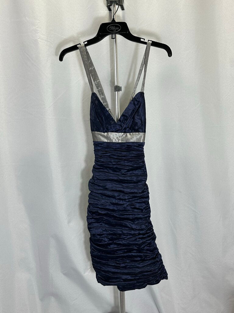 BCBG Maxazria Blue with Gray Accent Ruched Cocktail Dress