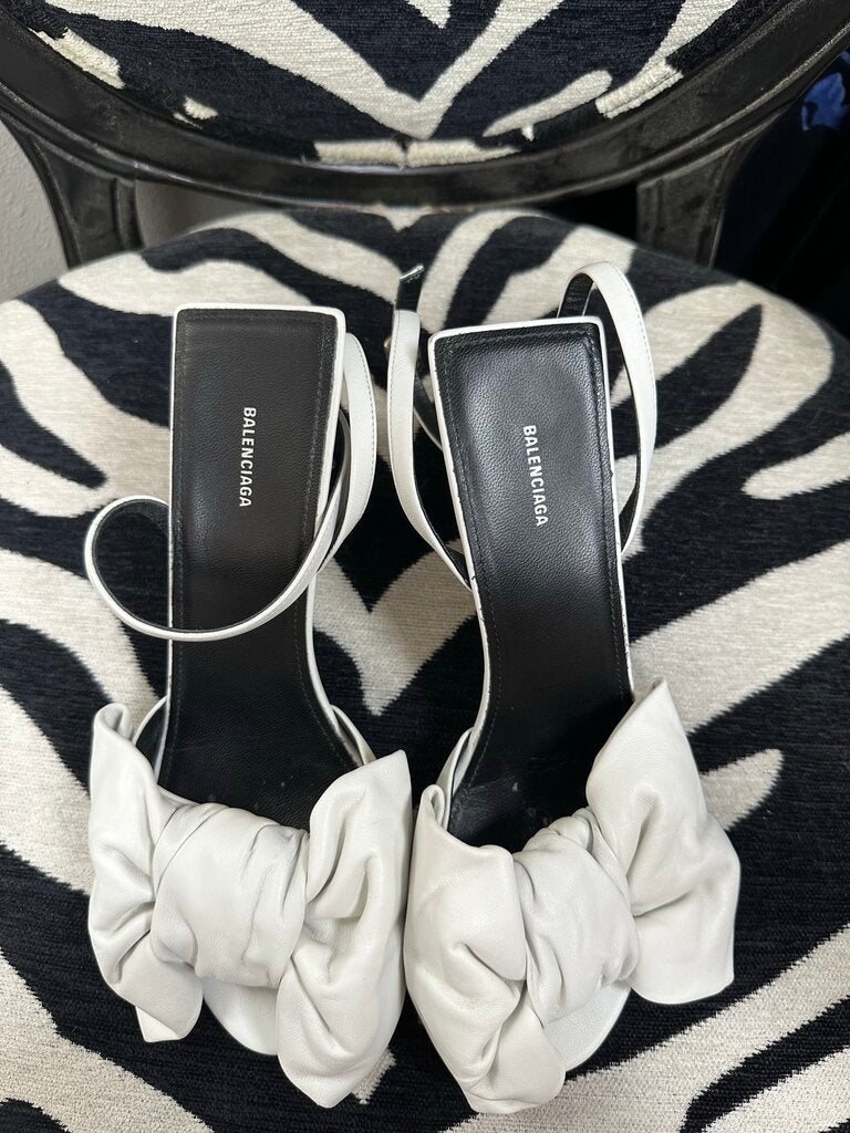 Balenciaga White Leather Square Knife Bow Heeled Sandals