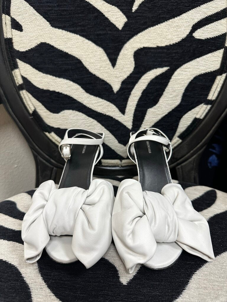 Balenciaga White Leather Square Knife Bow Heeled Sandals