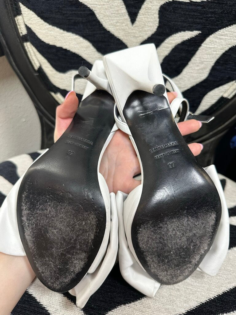 Balenciaga White Leather Square Knife Bow Heeled Sandals