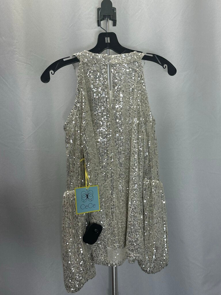 CeCe SIlver Sequin Cold Shoulder Longsleeve Top