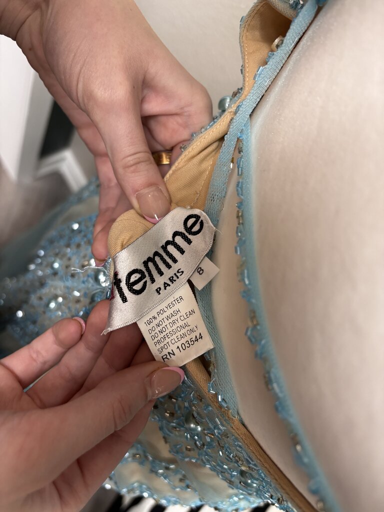 LaFemme Blue Mesh Embellished Tan Prom Strapless Dress
