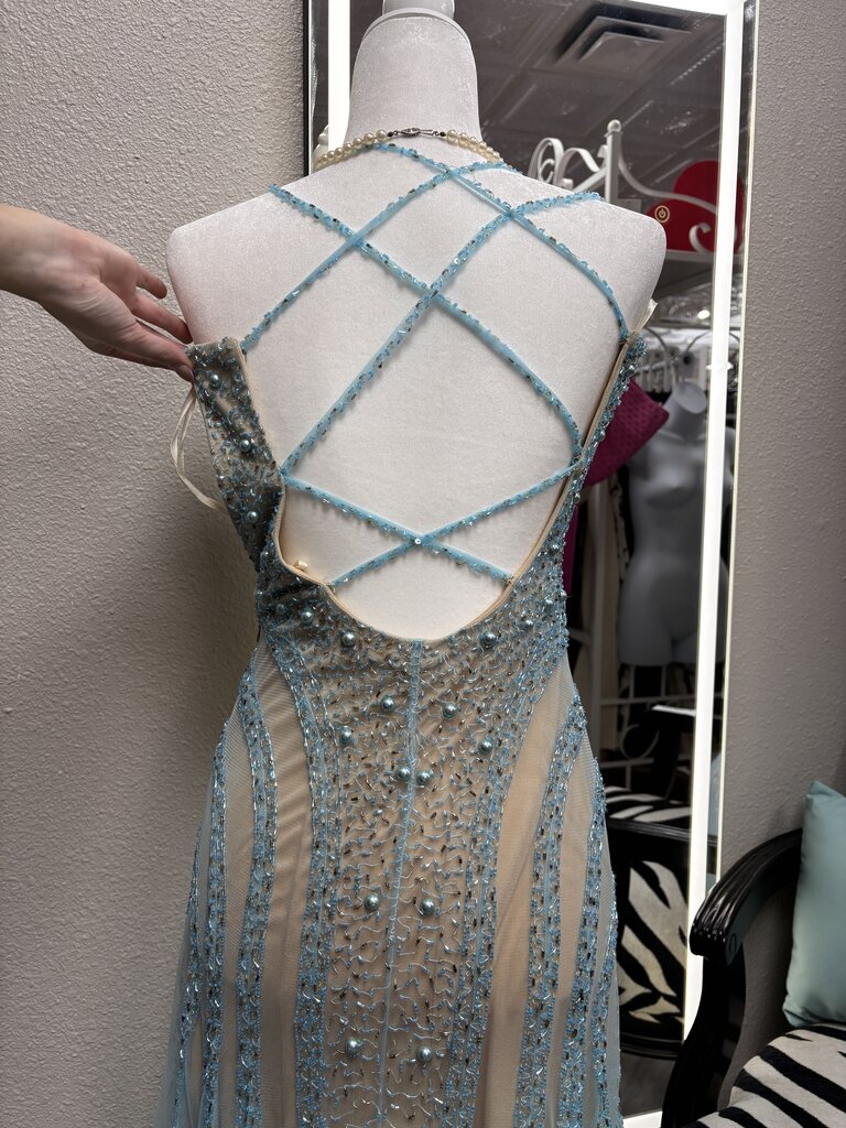 LaFemme Blue Mesh Embellished Tan Prom Strapless Dress