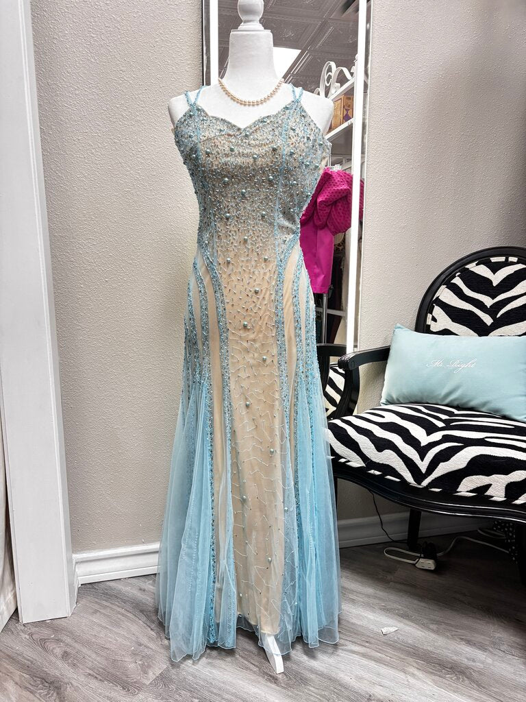 LaFemme Blue Mesh Embellished Tan Prom Strapless Dress