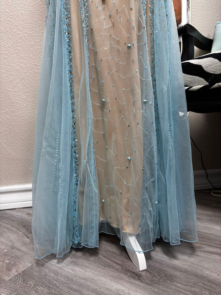 LaFemme Blue Mesh Embellished Tan Prom Strapless Dress