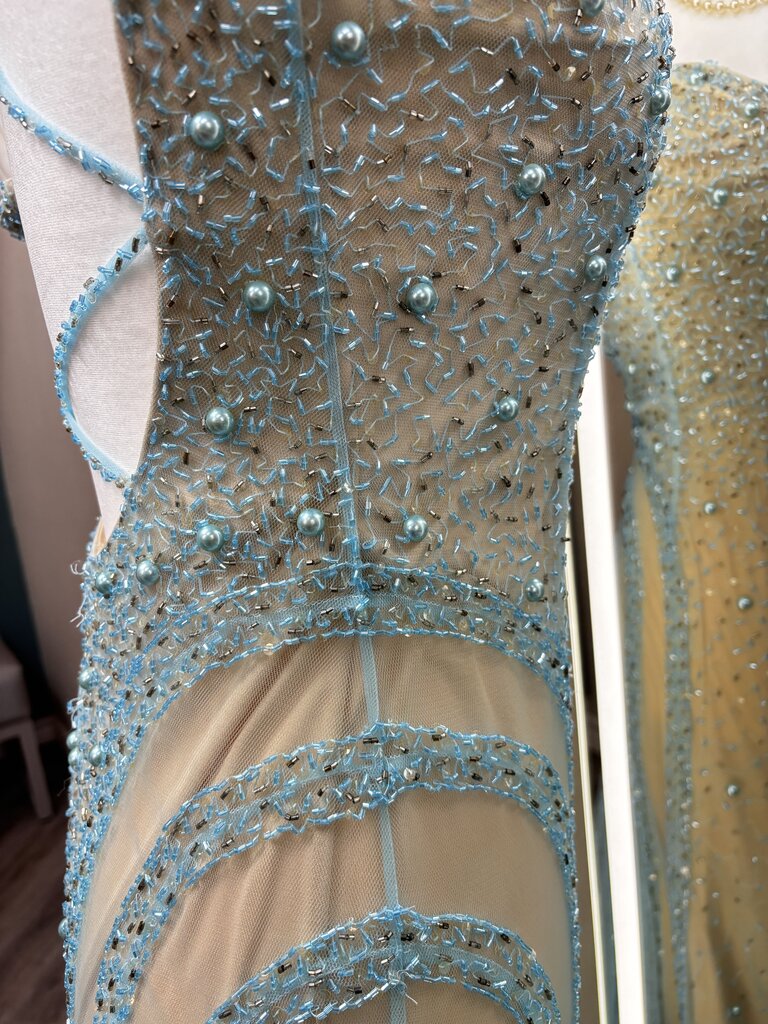 LaFemme Blue Mesh Embellished Tan Prom Strapless Dress