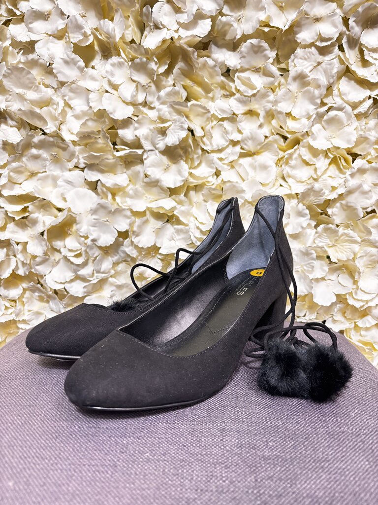 8 black velvet heels w/ fuzzy balls