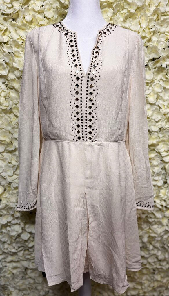 cream bedazzled neckline midi dress