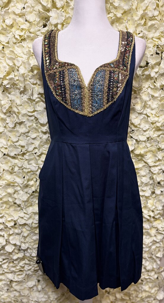 Moulinette Soeurs Navy Dress with Gold Multi-color beaded accents