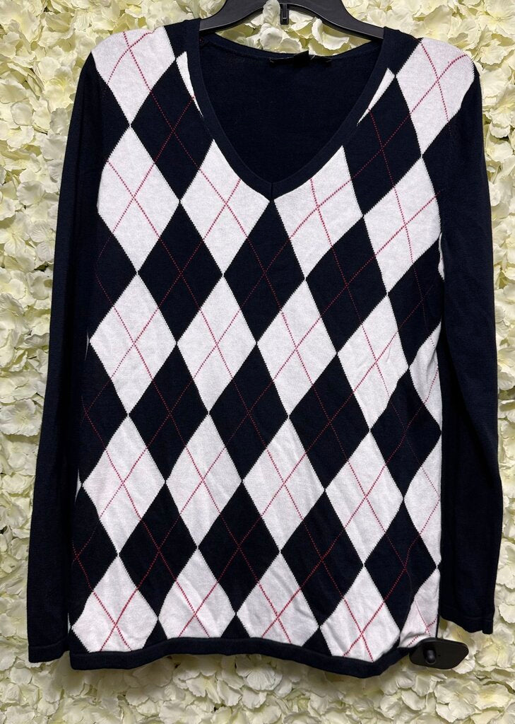 navy argyle white sweater