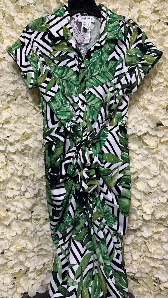 black white triangle green palm button down dress