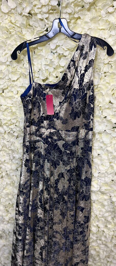 long sleeveless one shoulder metallic print gown in navy and gold