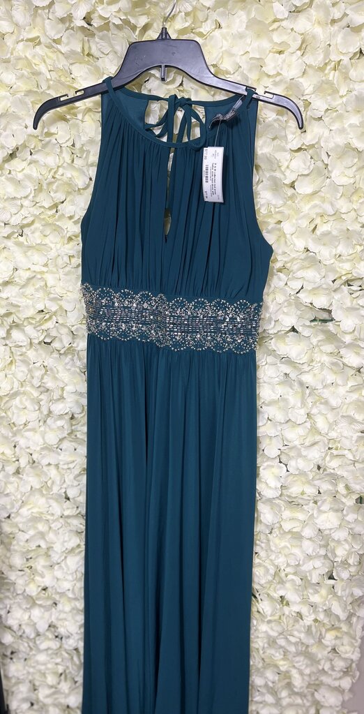 teal green halter style maxi dress with embellishments on waist