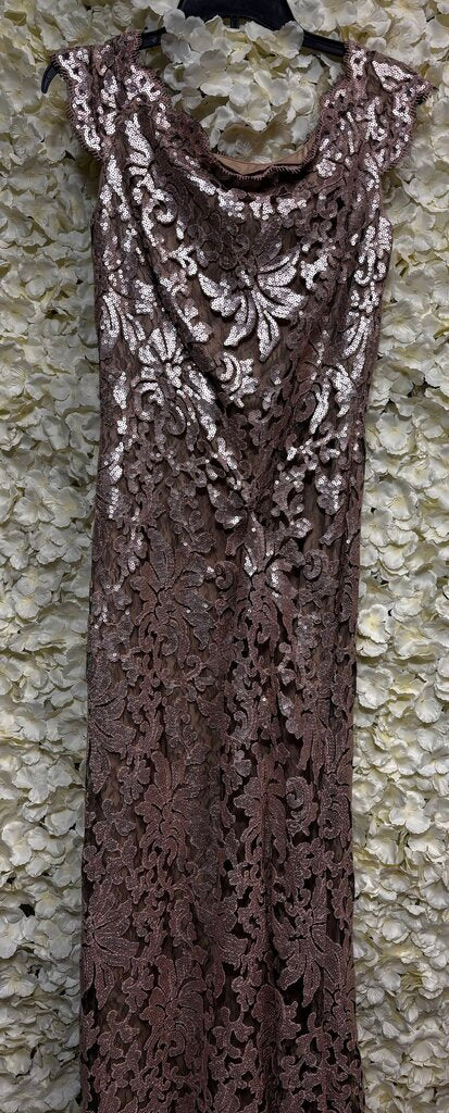 brown sequin short sleeve gown