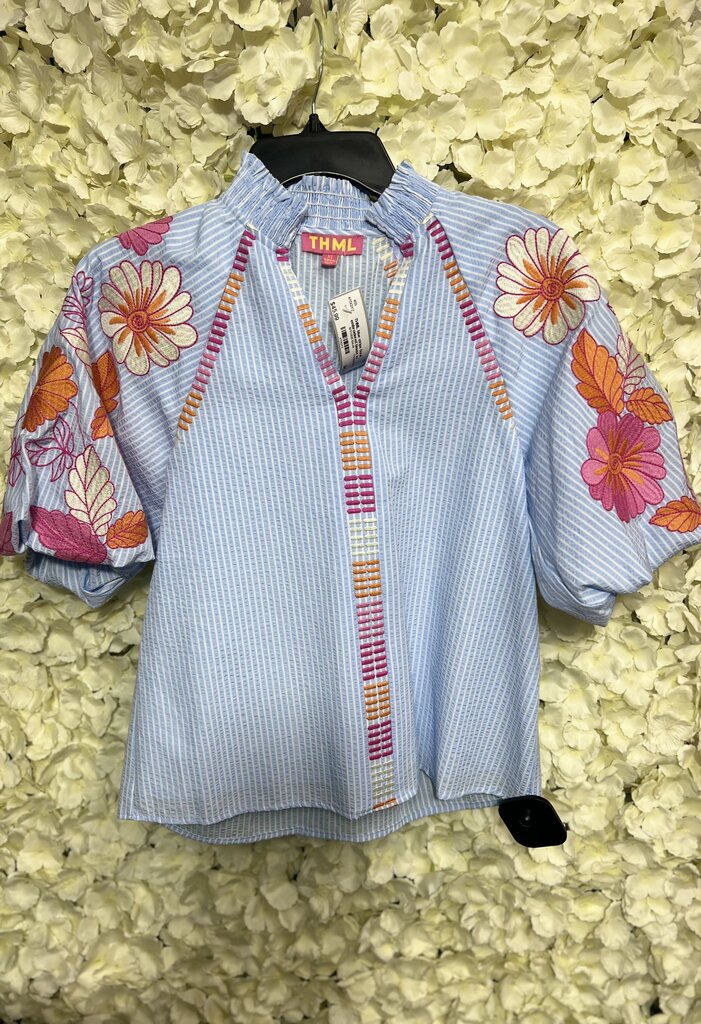 blue stripe floral embroidered blouse