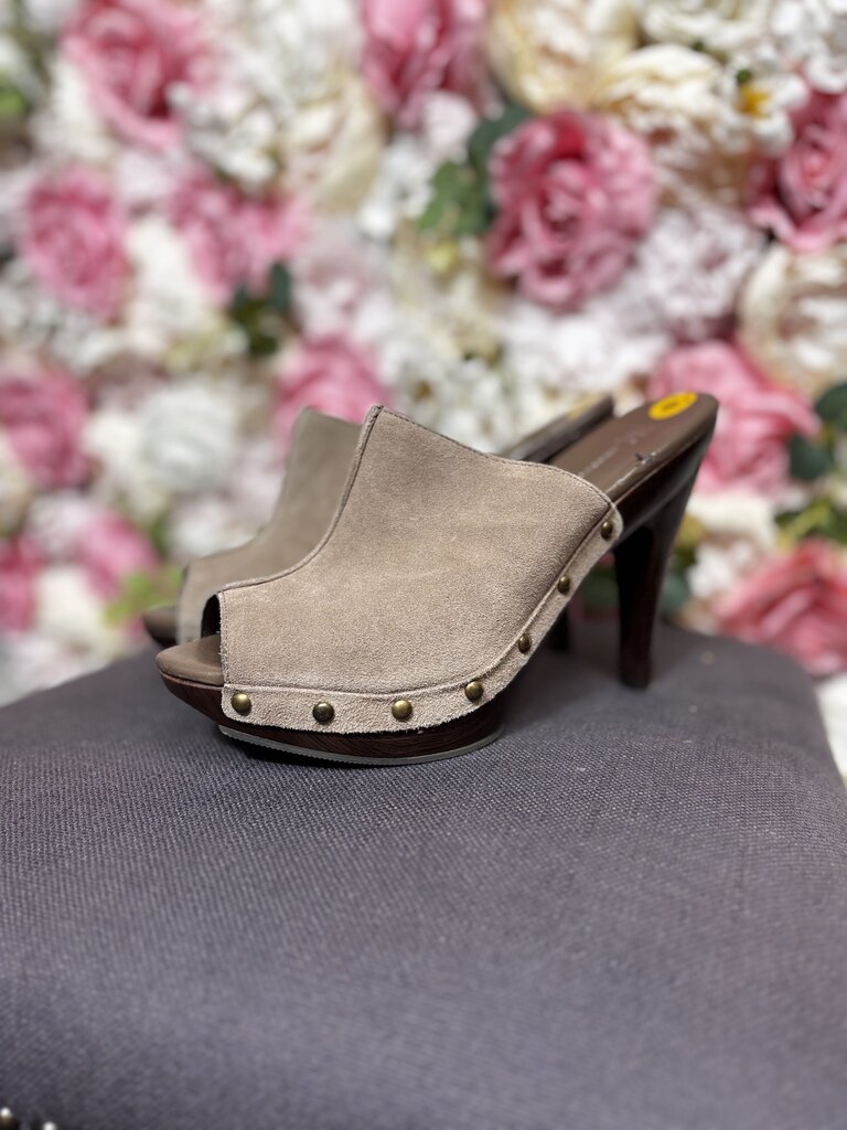 brown open toe heel suede