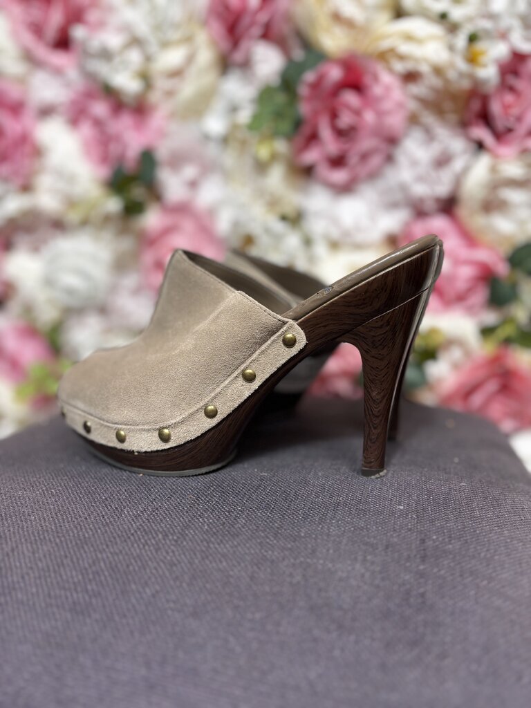 brown open toe heel suede