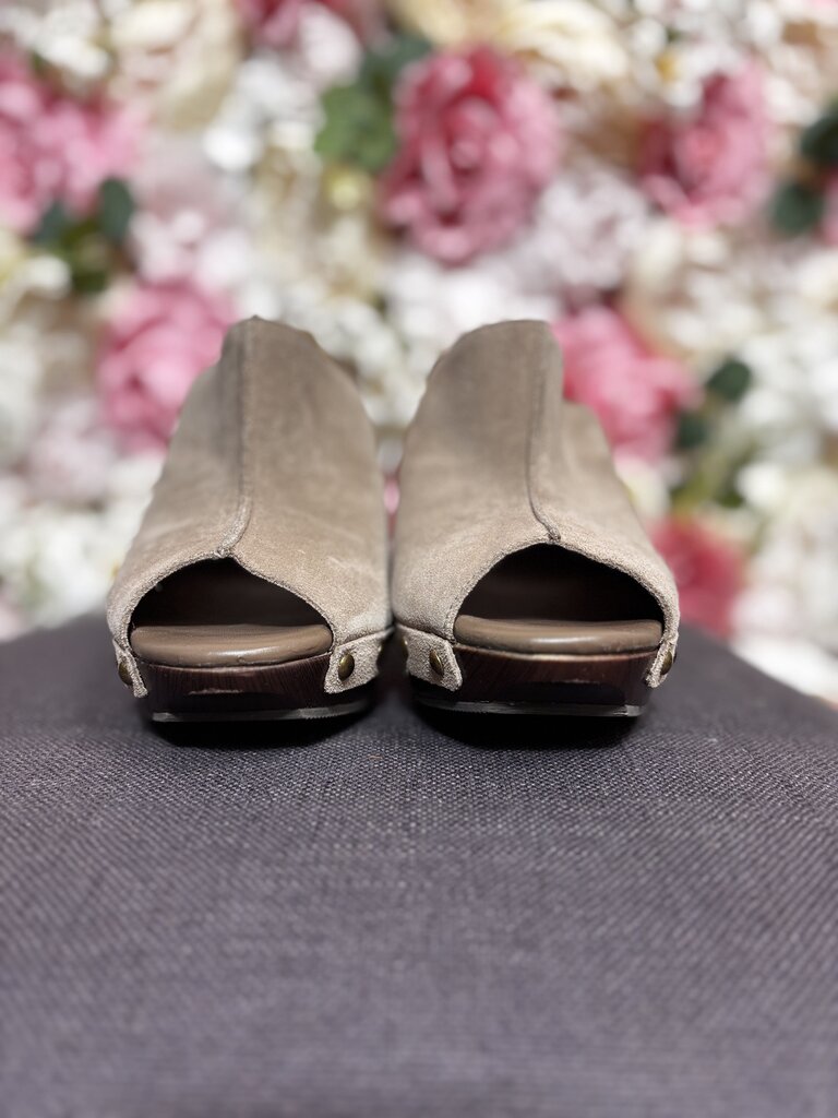 brown open toe heel suede